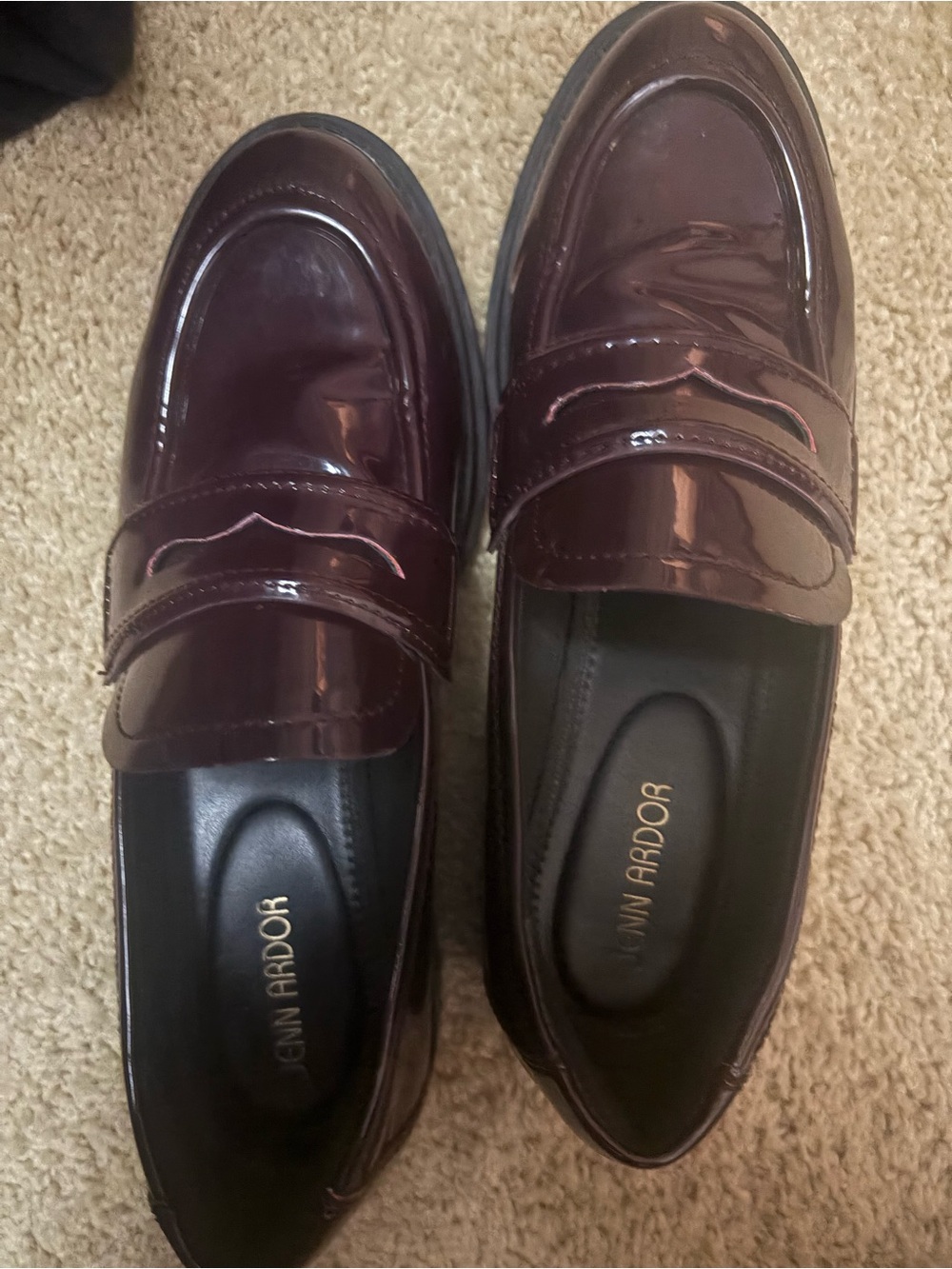 Jenn Ardor Glossy Wine-Colored Patent Leather Penny Loafers
